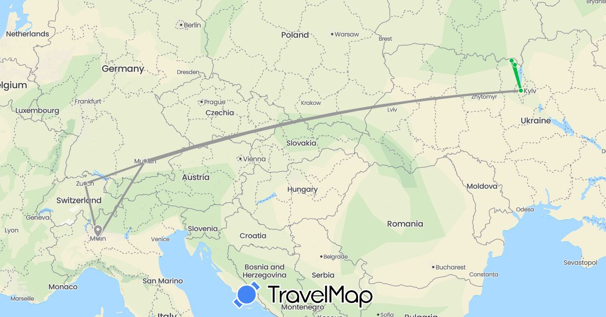 TravelMap itinerary: driving, bus, plane in Switzerland, Germany, Italy, Ukraine (Europe)
